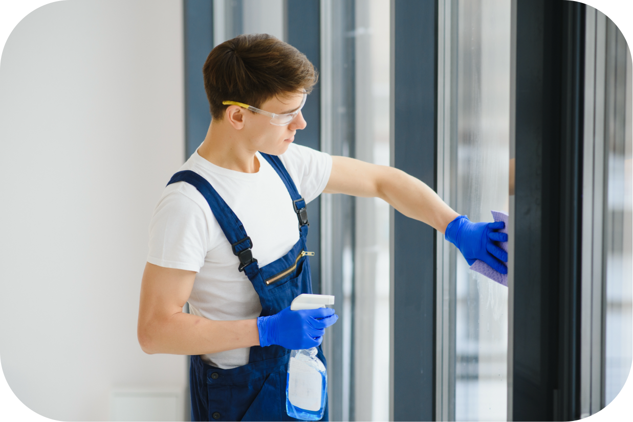 Reinigungskraft Jan Lutz bei der Fensterreinigung