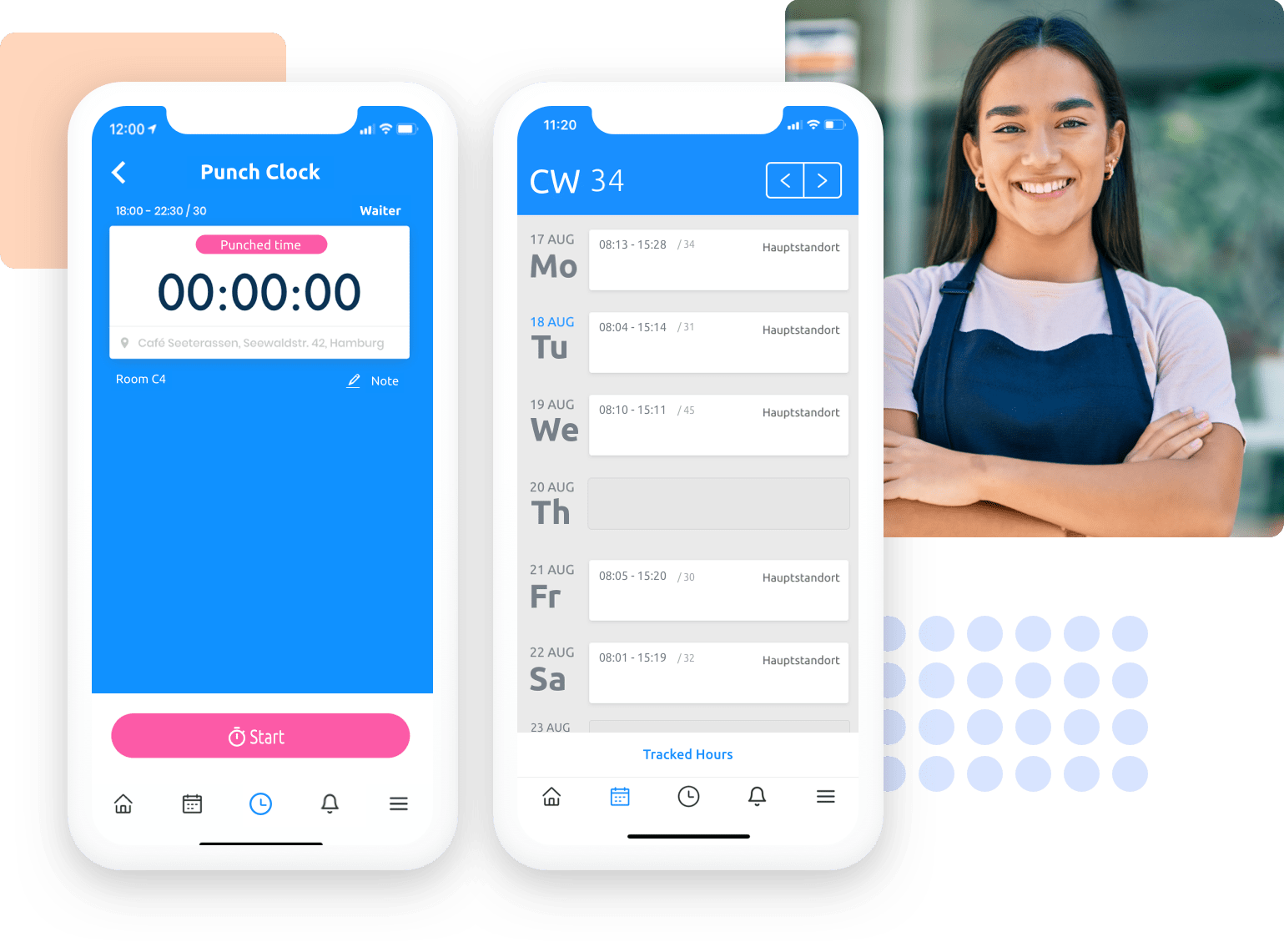 Allow clocking in and out only at a specific location or at registered shift addresses. Adjust the radius of the clocking-allowance, so that employees can only clock in if they are in range of their workplace.