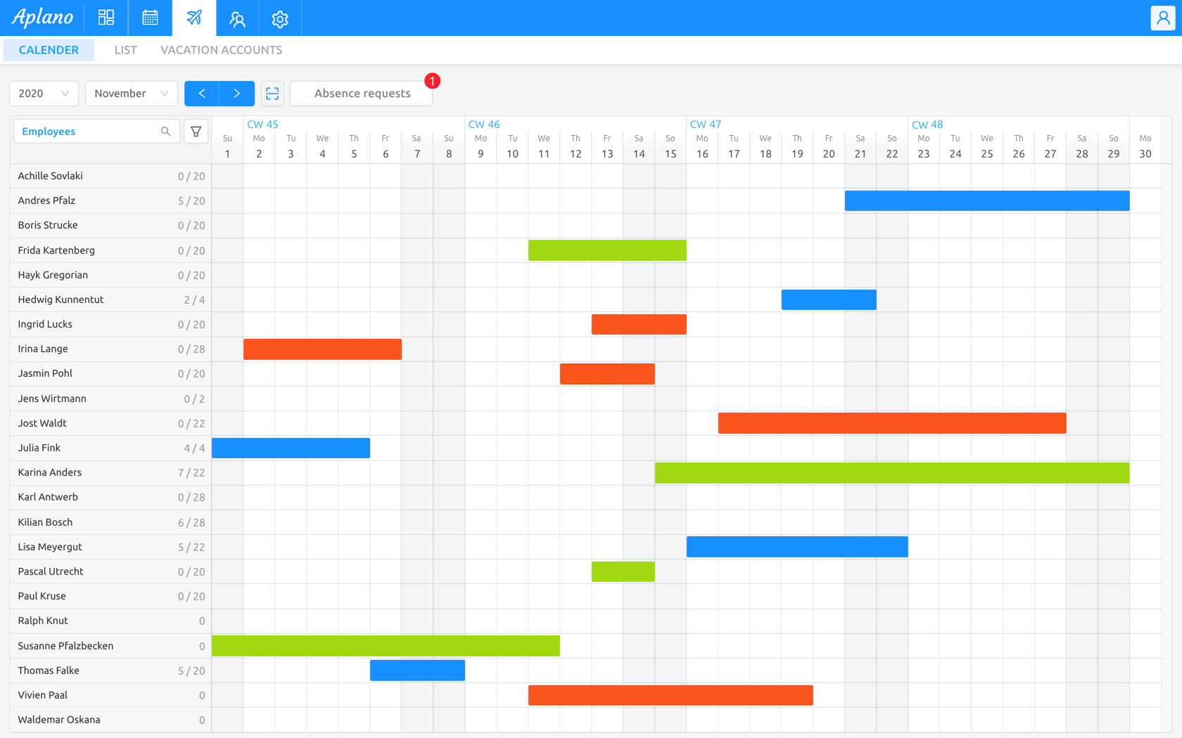 Calendar view vacation manager shift planning