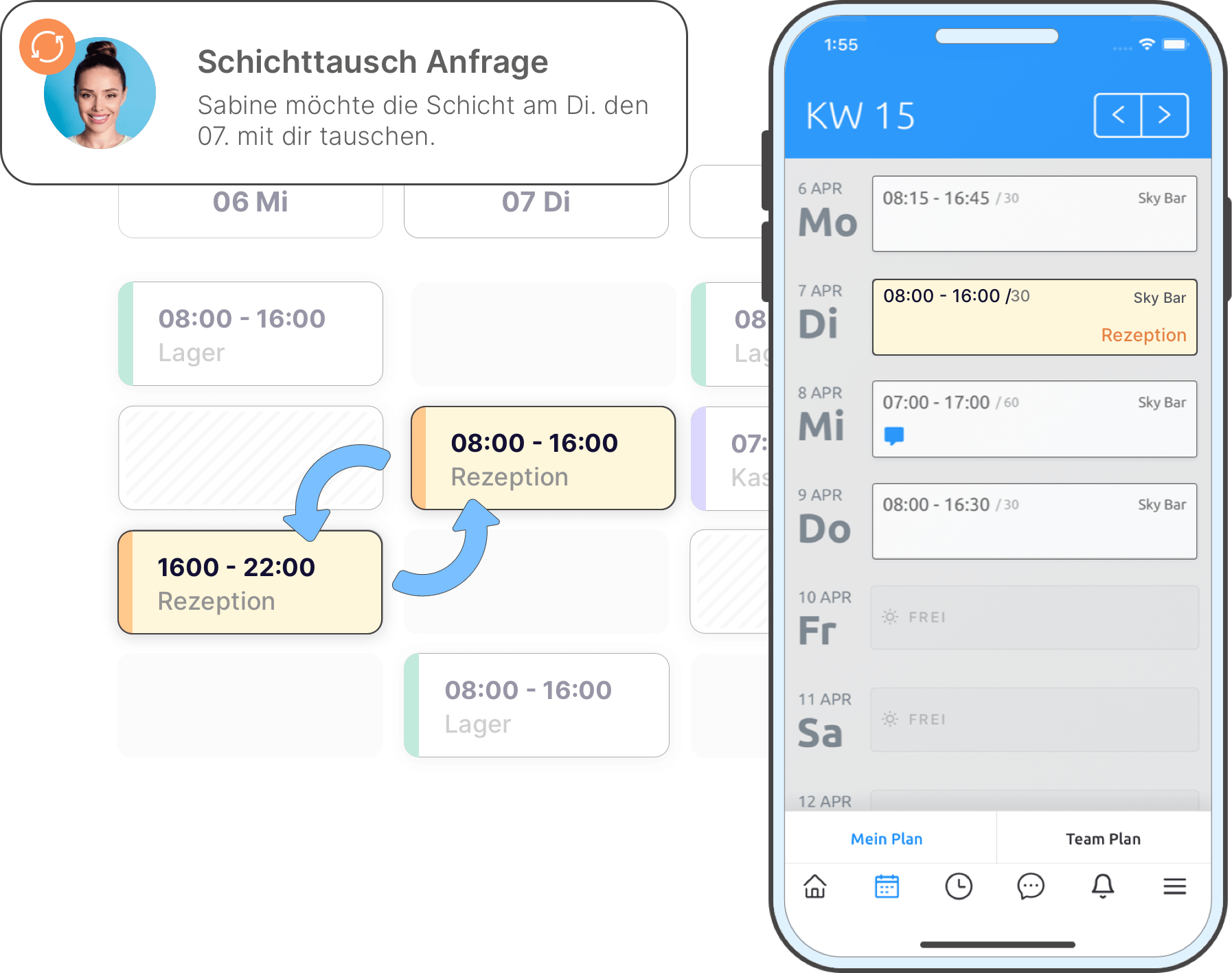 Schichttausch unter Mitarbeitern mobil verwalten