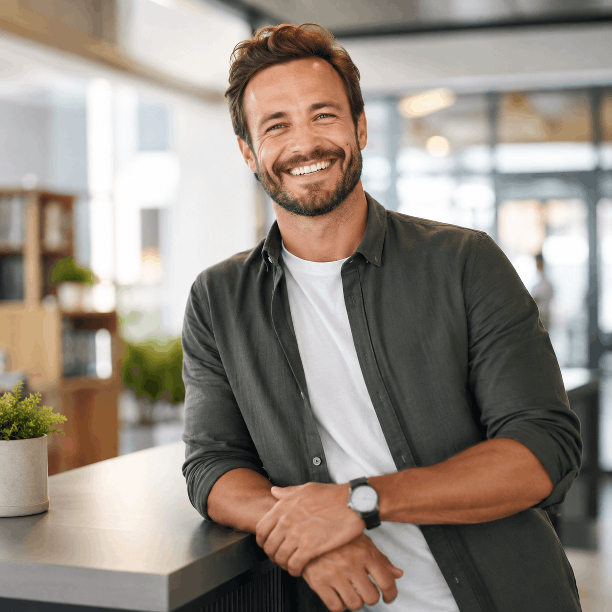 Smiling business owner leaning on a counter in a bright workplace